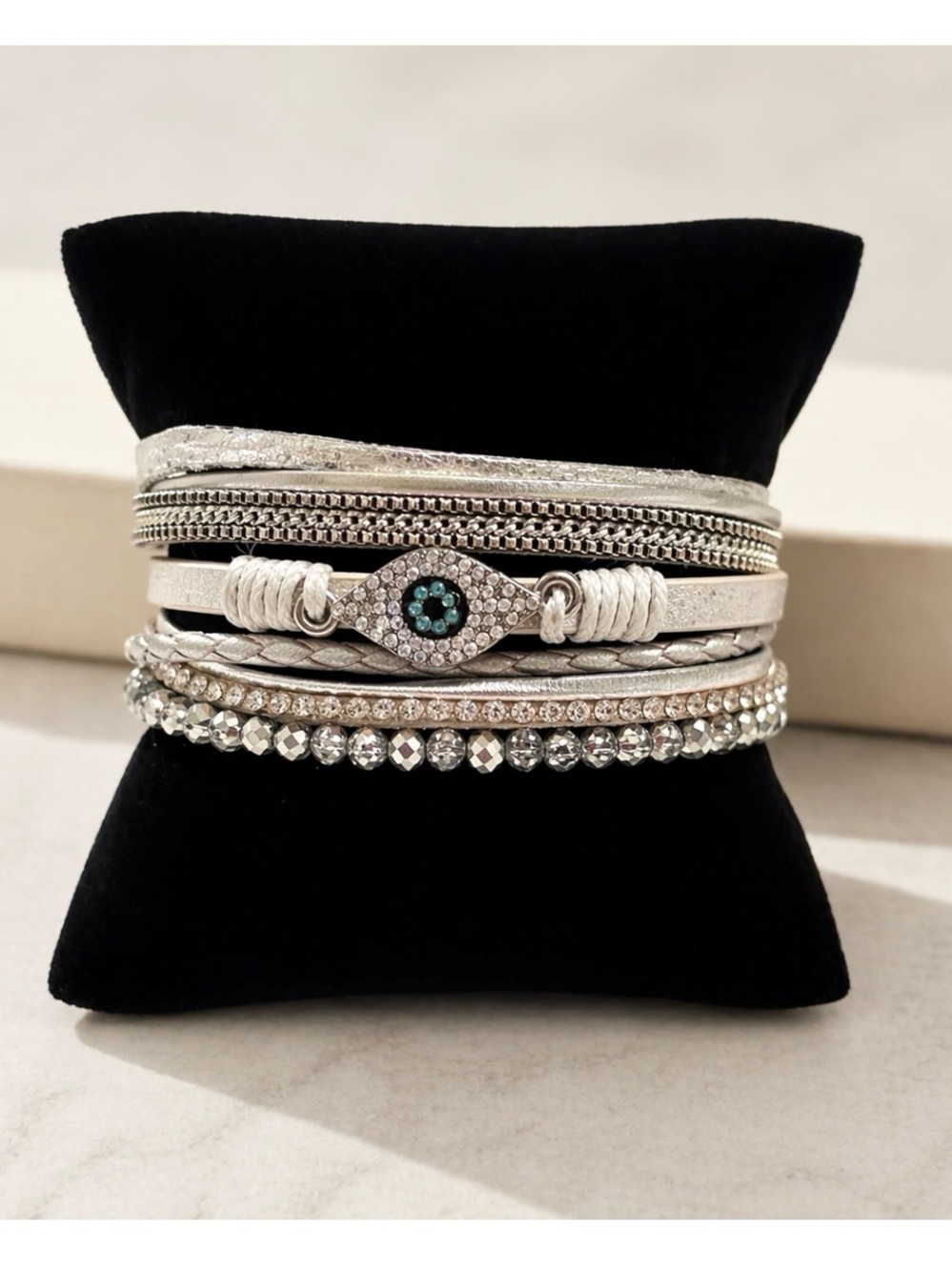 Boho Evil Eye Multi Layer Bracelet Silver Grey Vegan Leather Magnetic